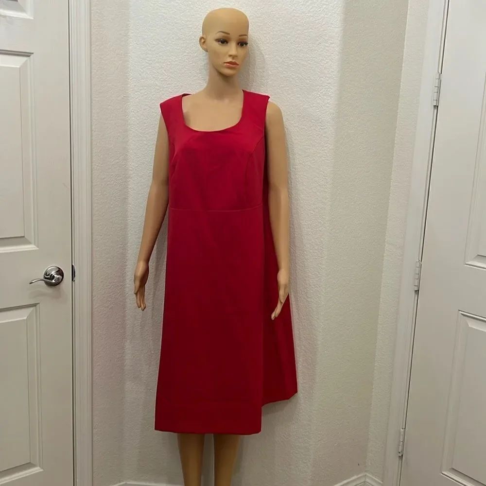 Roamans Dress Red Sz 16W Scoop Neck Sleeveless Midi Zipper Hook & Eye Closure